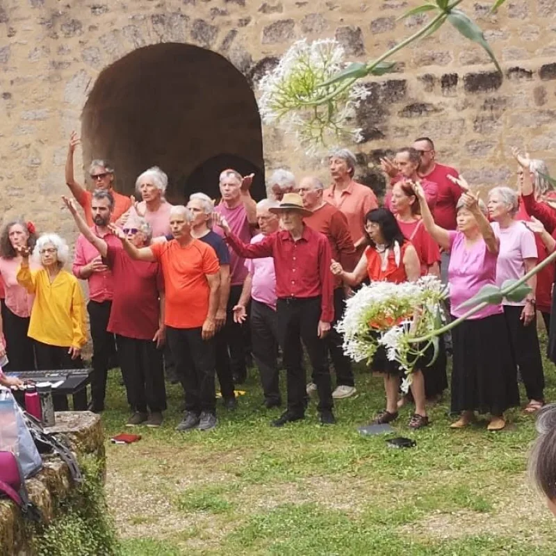 Les choristes bras levés devant les remparts